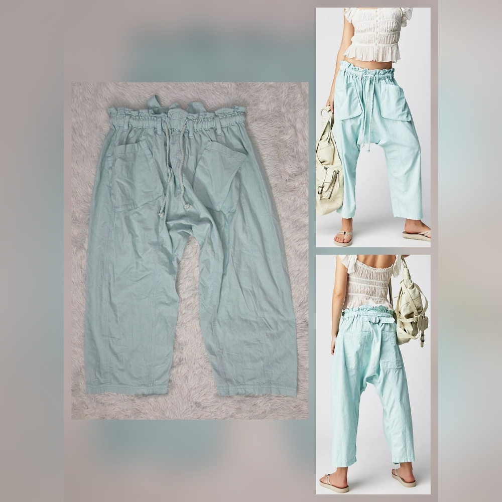 Free People  NWT Runyon Oversized Solid Harem Pants Paperbag Waist Cool Air Blue